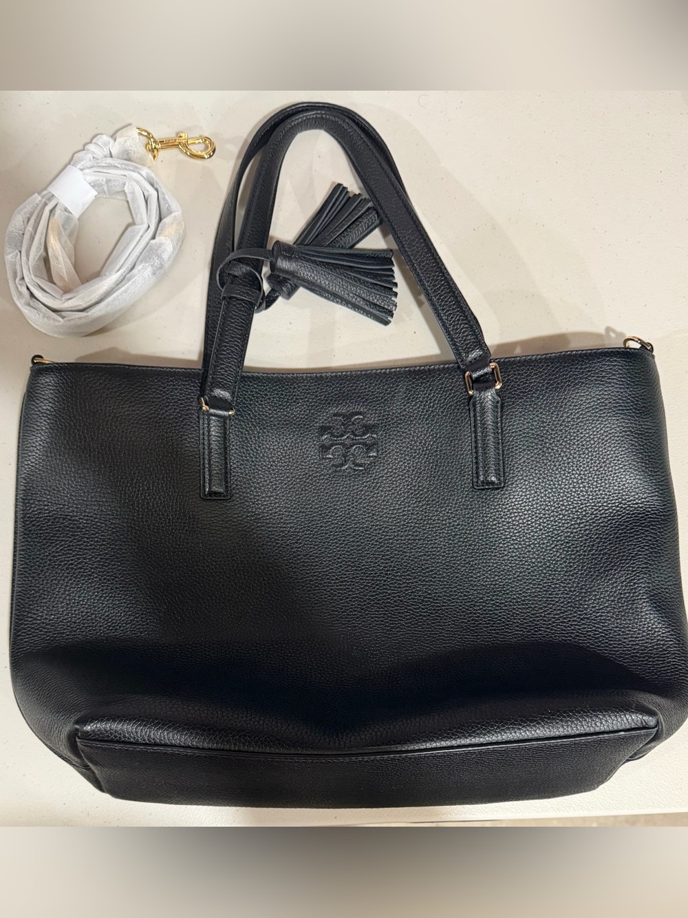 Tory Burch Black Leather Tote Bag with Tassel Accent